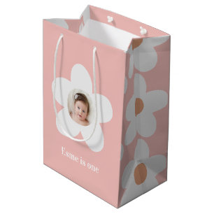 Sac Cadeau Moyen Premier anniversaire marguerite boho rétro rose
