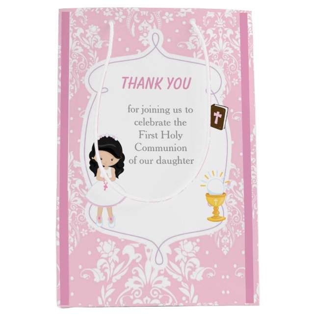 Sac Cadeau Moyen Première communion Black Hair Girl Merci (Devant)