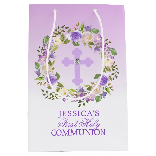 Sac Cadeau Moyen Première sainte communion de fille florale pourpre (Devant)