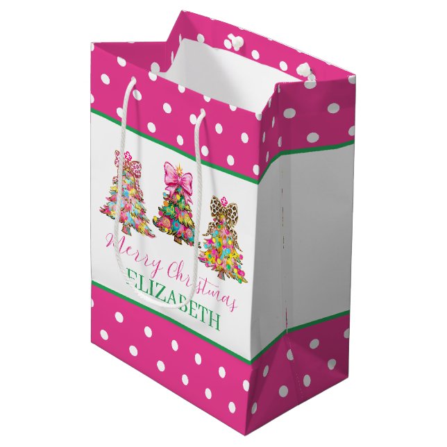 Sac Cadeau Moyen Preppy Pink and Green Christmas Trees (Devant Angle)
