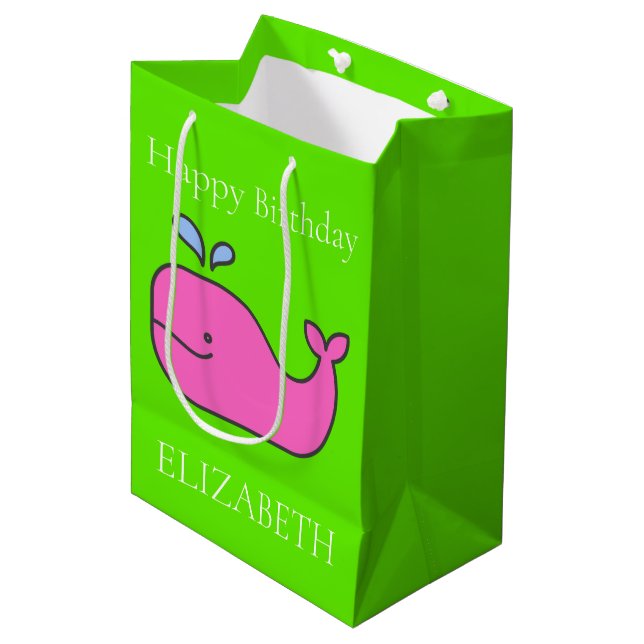 Sac Cadeau Moyen Preppy Pink and Green Whales Personnalisé (Devant Angle)
