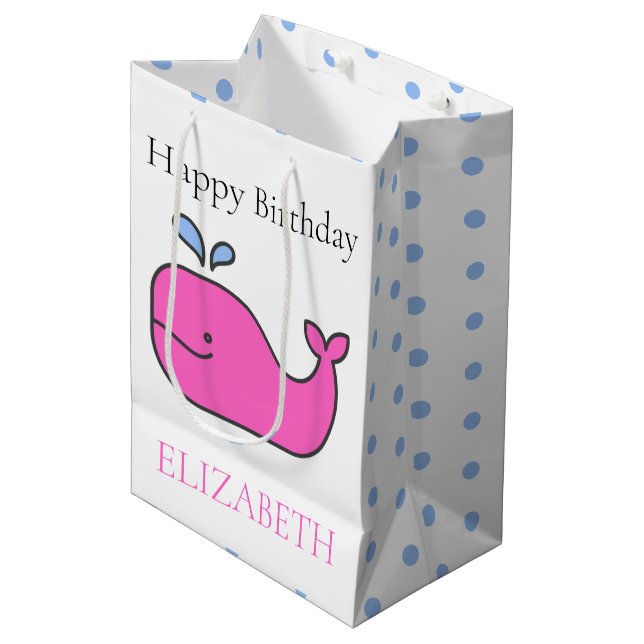 Sac Cadeau Moyen Preppy Pink et Blue Whales et Pois (Devant Angle)
