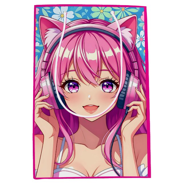 Sac Cadeau Moyen Pretty Pink Anime Girl's Birthday Party (Devant)