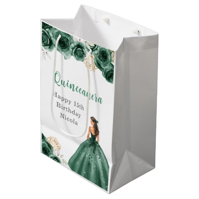 Sac Cadeau Moyen Princesse en Robe Vert foncé Quinceanera (Devant Angle)