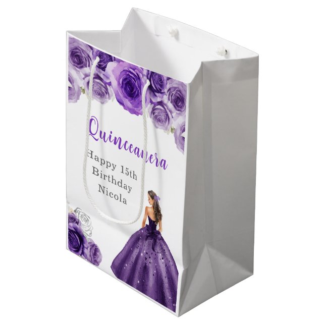 Sac Cadeau Moyen Princesse en robe violette foncée Quinceanera (Devant Angle)