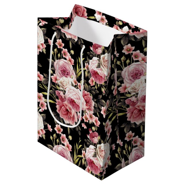 Sac Cadeau Moyen Profusion rose - Arrière - plan noir (Devant Angle)