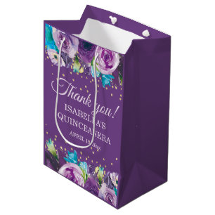 Sac Cadeau Moyen Purple Blue Floral or Quinceañera Merci Nom