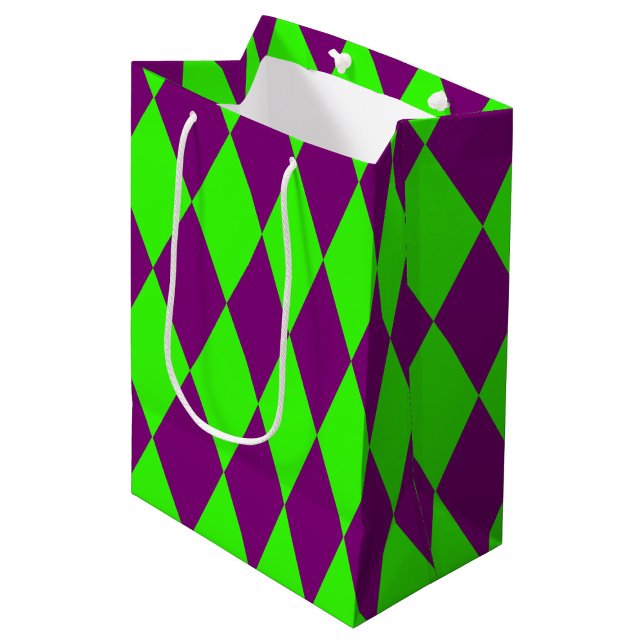 Sac Cadeau Moyen Purple Green Harlequin Checkered Design  (Créateur téléchargé)