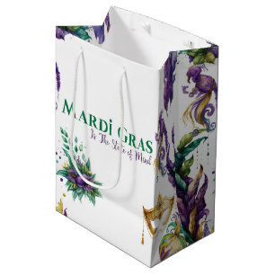 SAC CADEAU MOYEN PURPLE OR VERT MARDI GRAS MASQUES FEATHERS