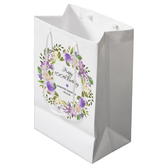 Sac Cadeau Moyen Purple Rose Floral Rustic Wreath 100e anniversaire (Devant Angle)