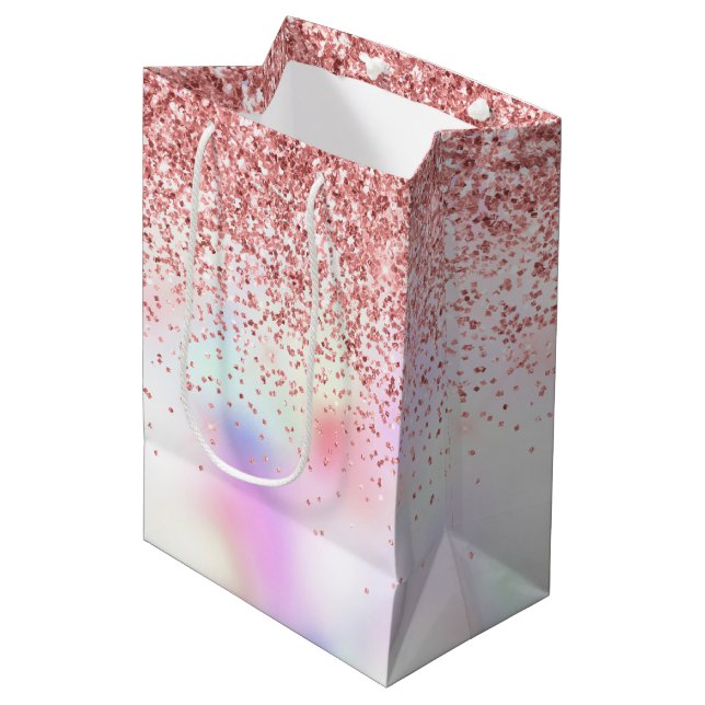 Sac Cadeau Moyen Purple Unicorn Rainbow Parties scintillant Medium  (Devant Angle)