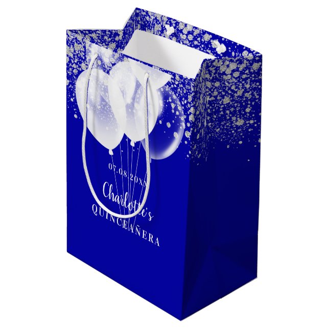 Sac Cadeau Moyen Quinceanera bleu royal blanc nom des ballons de pa (Dos Angle)