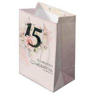 Sac Cadeau Moyen Quinceanera florale 15e anniversaire Pink Greenery