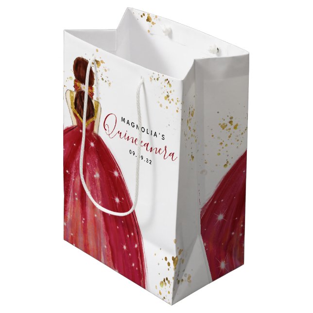Sac Cadeau Moyen Quinceanera Robe Rouge Parties scintillant or (Devant Angle)