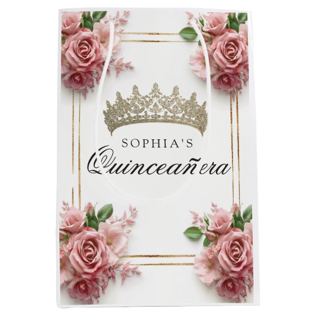 Sac Cadeau Moyen Quinceañera Rose Couronne Anniversaire Faveurs (Devant)