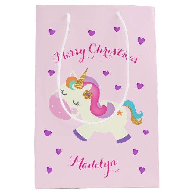 Sac Cadeau Moyen Rainbow Unicorn Noël Parties scintillant rose (Devant)