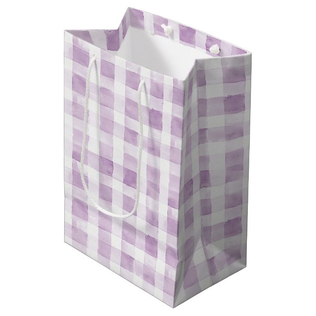 Sac Cadeau Moyen Rayures à carreaux blancs violets (Devant Angle)
