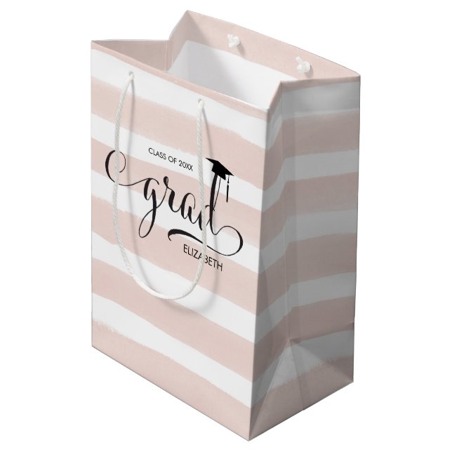Sac Cadeau Moyen Rayures de rose de casquette de diplômé (Dos Angle)