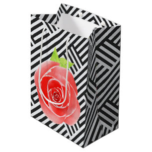 Sac Cadeau Moyen Rayures noires et blanches Roses rouges Floral
