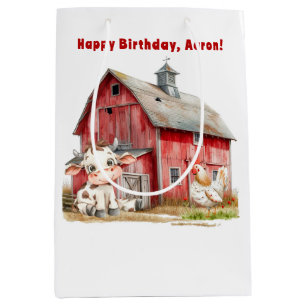 Sac Cadeau Moyen Red Barn Cute Cow Chicken Boy Fête d'anniversaire