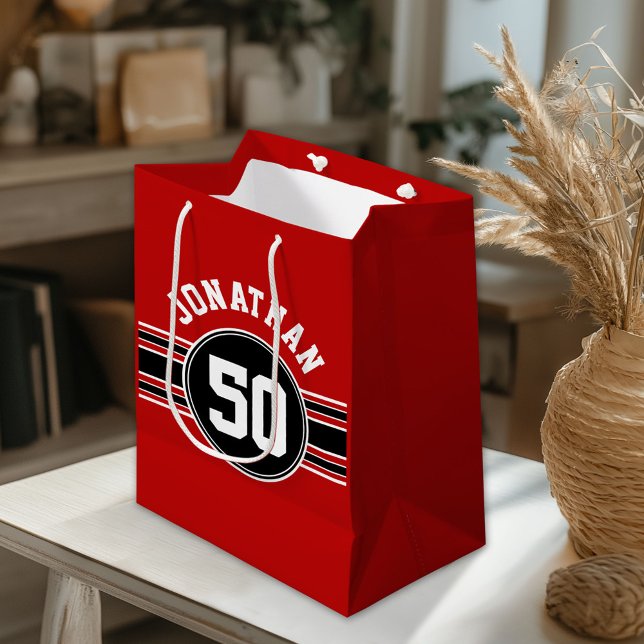 Sac Cadeau Moyen Red Black Team Jersey Fan Gear Nom Numéro (Custom Gift Bag)