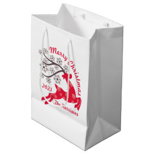 Sac Cadeau Moyen Red Christmas Reindeen Snowflake Nom Blanc