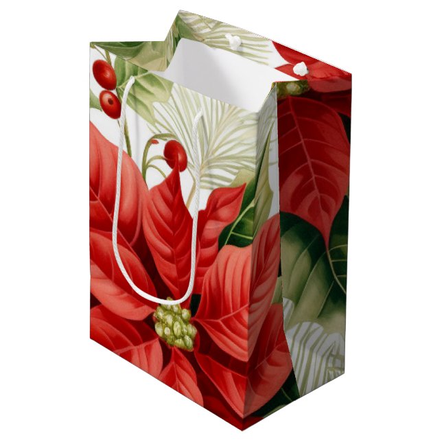 Sac Cadeau Moyen Red Green Poinsettia Holly Berry Noël (Devant Angle)