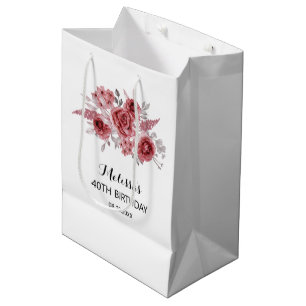 Sac Cadeau Moyen Red Marron Rose verdure Floral 40e anniversaire