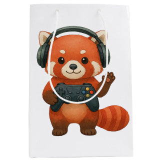 Sac Cadeau Moyen Red Panda Gamer, contrôleur de jeu et casques