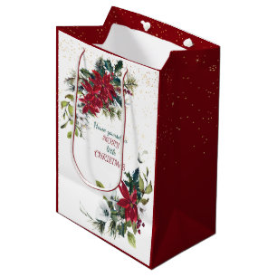 Sac Cadeau Moyen Red Poinsettia Bouquet Parties scintillant or Noël