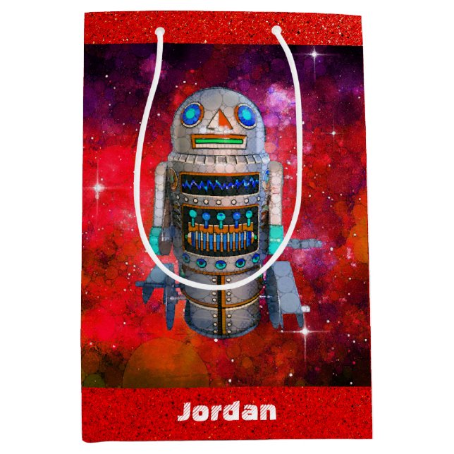 Sac Cadeau Moyen Red sci fi retro toy robot galaxie nom personnalis (Devant)