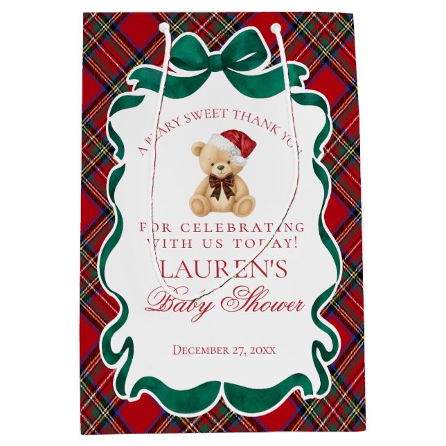 Sac Cadeau Moyen Red Tartan Plaid Christmas Bear Baby Shower Favors (Devant)