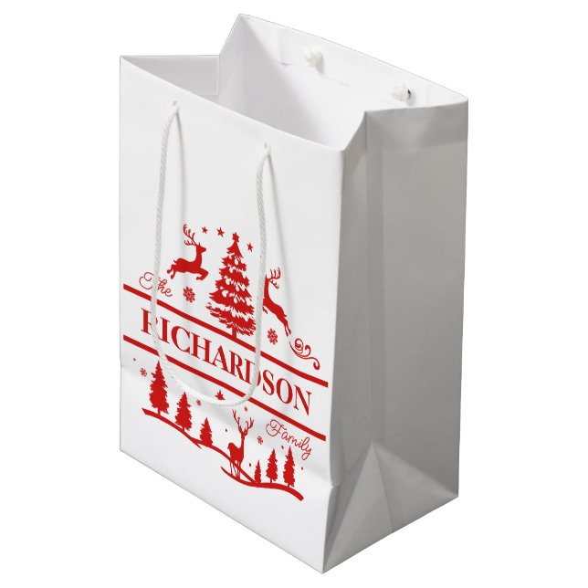 Sac Cadeau Moyen Red White Christmas Nom de famille personnalisé (Devant Angle)