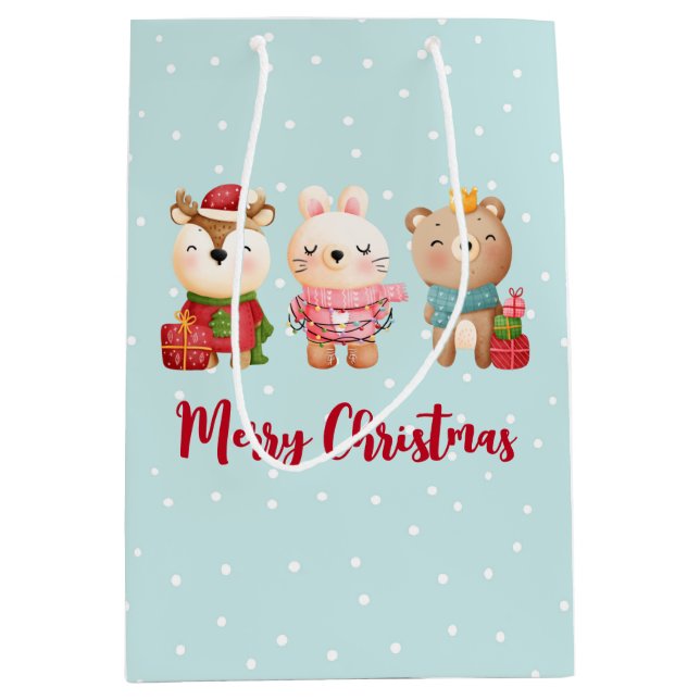 Sac Cadeau Moyen Rennes, ours et lapin Joyeux Noël (Devant)