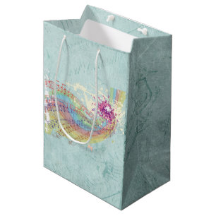 Sac Cadeau Moyen Retro Arc en ciel et notes musicales sur une textu