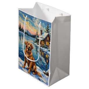 Sac Cadeau Moyen Rétro Golden Retriever par Noël au bord du lac