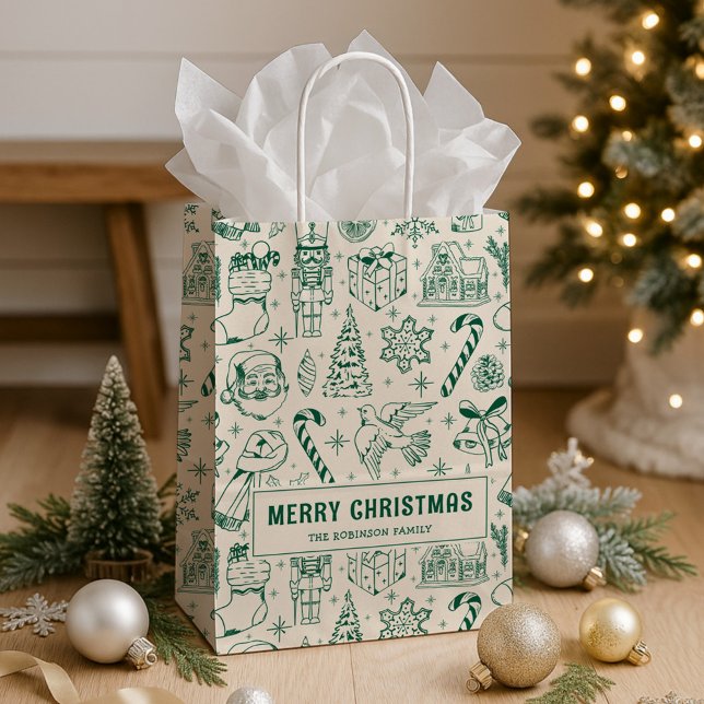 Sac Cadeau Moyen Retro Green Doodle Joyeux Noël (Créateur téléchargé)