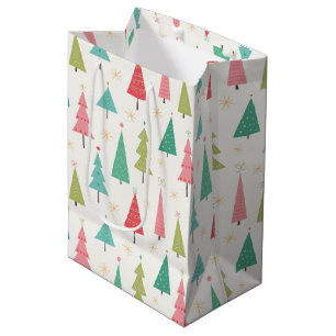 Sac Cadeau Moyen Retro Joyeux arbres de Noël Fun Motif de vacances