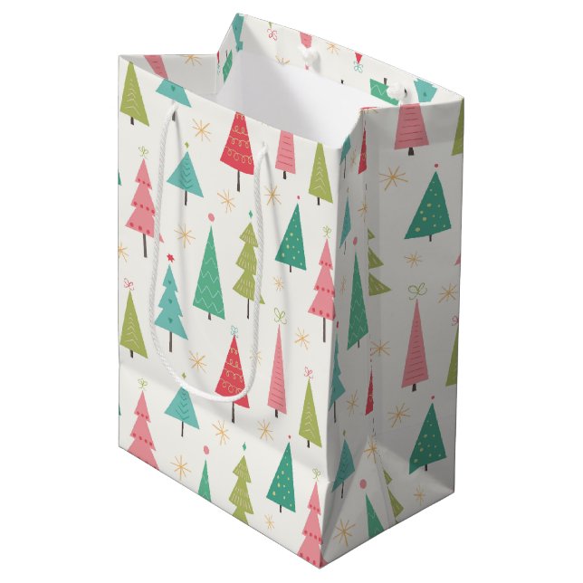 Sac Cadeau Moyen Retro Joyeux arbres de Noël Fun Motif de vacances (Devant Angle)