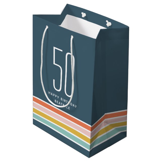 Sac Cadeau Moyen Retro Moderne Rainbow Stripes Anniversaire 50e (Dos Angle)