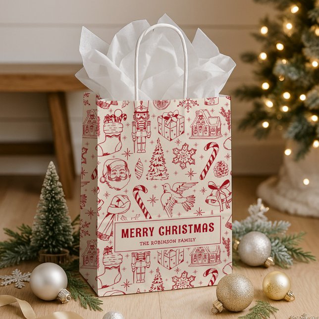 Sac Cadeau Moyen Retro Red Doodle Joyeux Noël (Créateur téléchargé)