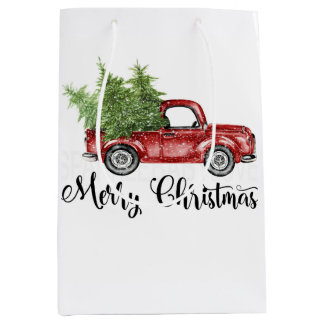 Sac Cadeau Moyen Retro Red Truck Christmas Cute Tree Motif