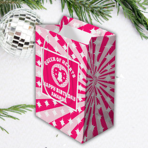 Sac Cadeau Moyen Retro Reine des Coeurs Rose fête d'anniversaire