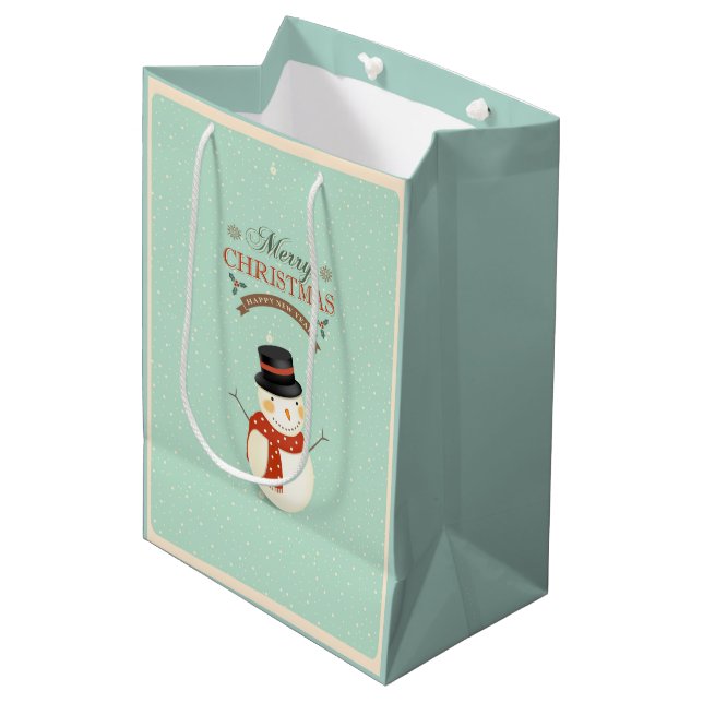 Sac Cadeau Moyen Retro Snowman - Joyeux Noël (Devant Angle)