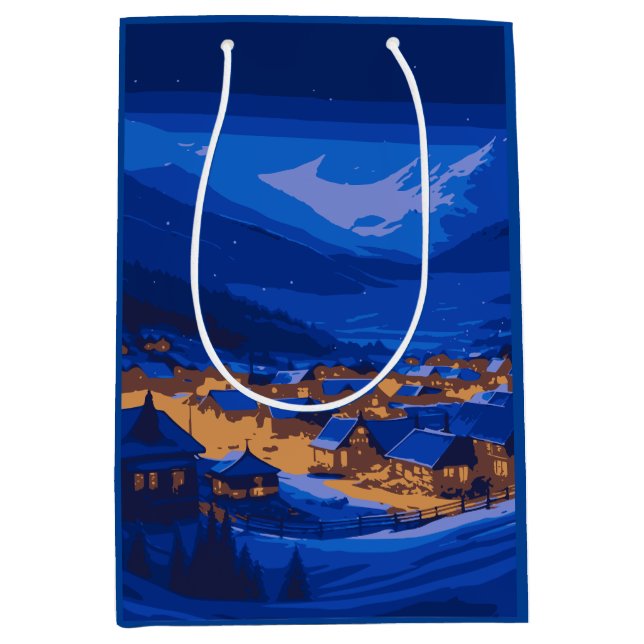 Sac Cadeau Moyen Retro Village Mountain Blue Gold Paysage (Devant)