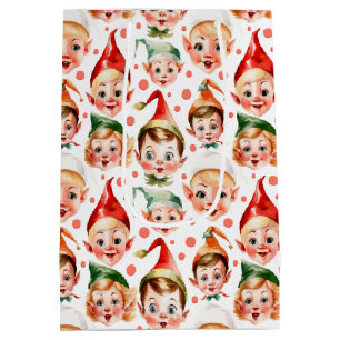 Sac Cadeau Moyen Retro Vintage Visages des elfes de Noël