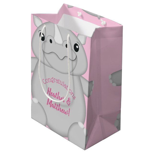 Sac Cadeau Moyen Rhino Baby shower rose (Dos Angle)