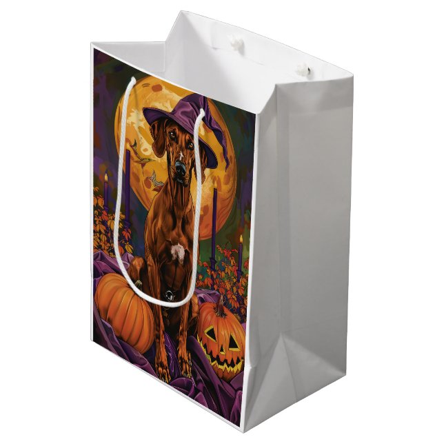 Sac Cadeau Moyen Rhodesian Ridgeback Chien Halloween sorcier Citrou (Devant Angle)