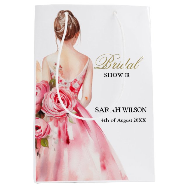 Sac Cadeau Moyen Robe de mariée aquarelle rose fard douche de marié (Devant)