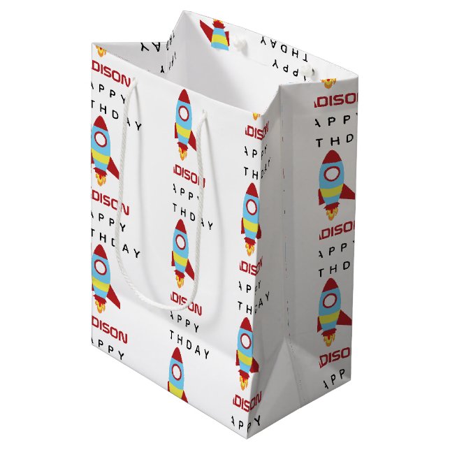 Sac Cadeau Moyen Rocket Spacship Lancement Nom personnalisé Anniver (Devant Angle)